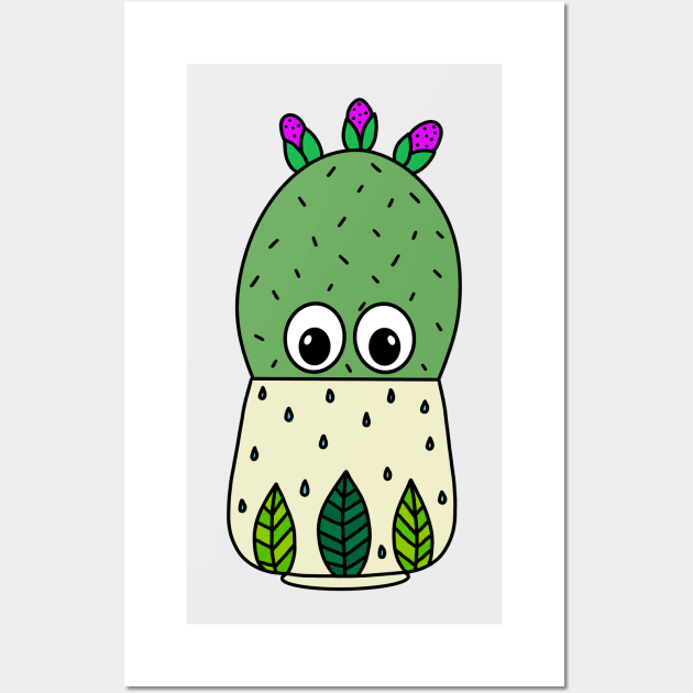 Cute Cactus Design #352: Prickly Pear Cactus In Leafy Pot Wall Art by DreamCactus